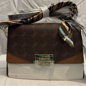 NWT Nicole Miller Brown Mix Handbag with Twilly